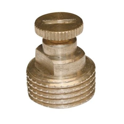 Nærbillede af Viega 3/8" messing luftskrue, der viser det sekskantede hus, gevind og det riflede hjul til udluftning.