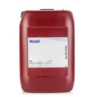 Rød beholder med Mobil hydraulikolie DTE Hydraulic Zinc Free 46, vist forfra med produktetiket.
