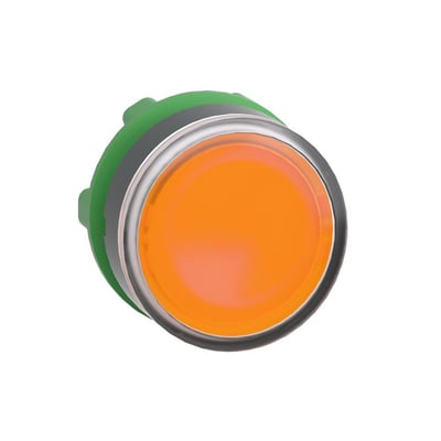 Schneider Electric Lampetrykhoved ZB5 LED i orange plast med Ø22 mm diameter og plan front på hvid baggrund.