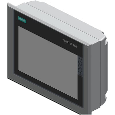 Siemens Simatic HMI TP700 Comfort Inox med 7-tommer skærm og rustfri front, vist fra siden med en skrå vinkel.