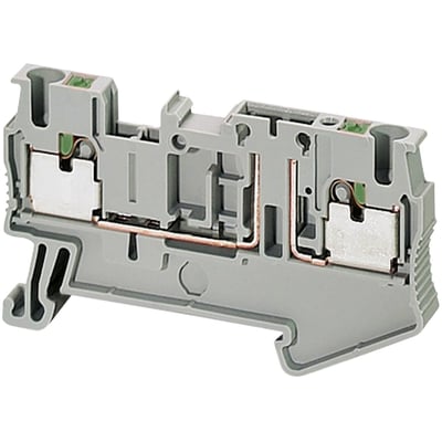 Schneider Electric Linergy TR skilleklemme med push-in, 2,5mm², grå, vist med interne kobberledere og sikringsholder.