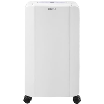 Frontbillede af Qlima D210 affugteren, der viser dens rene, hvide design med topkontrolpanel og Qlima logo.