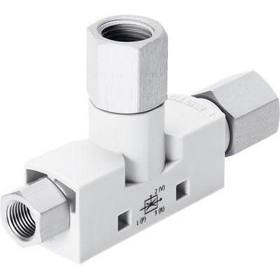 Festo vakuumejektor VN-07-L-T3-PI4-VI4-RI4 i T-formet design med indvendigt gevind og 0,7 mm dyse. Enheden er hvid og har symboler for tryk, vakuum og udblæsning.