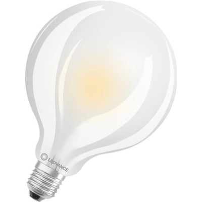 Nærbillede af Osram Ledvance LED globe 95 lyskilde med mat glasoverflade og E27 fatning, der viser produktets detaljerede design.