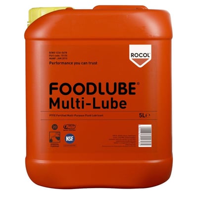 Detaljeret frontvisning af Rocol Foodlube Multilube 5L dunk med produktinformation og godkendelser som NSF-H1.