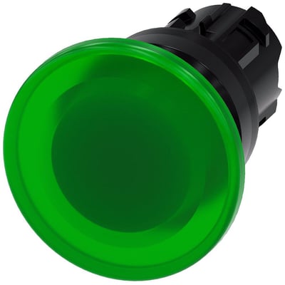 Siemens grøn paddehattrykknap med 40 mm diameter og ru plastoverflade, isoleret på hvid baggrund.