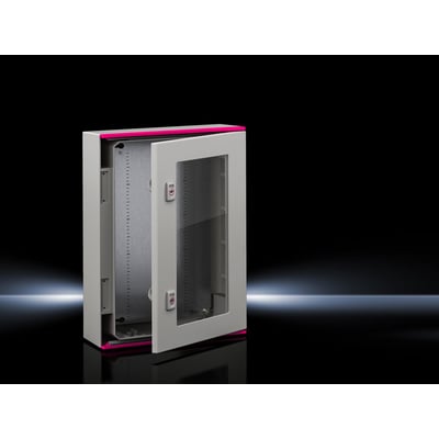 Rittal AX plasttavle med vindue, 600x800x300 mm, RAL7035, med åben dør og synlig monteringsskinne indeni.