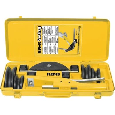 Rems Swing rørbukker sæt med bukkegrejer til 12, 15, 18 og 22 mm rør i en gul kuffert.