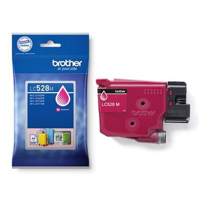 Brother LC528M magenta blækpatron ved siden af den blå originalemballage.