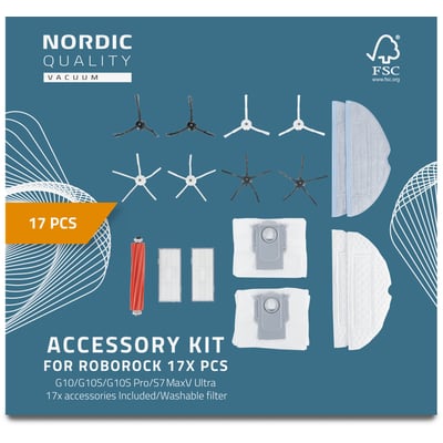 Nordic Quality 17-delt tilbehørssæt til Roborock S7, S7+, T8 Plus, G10, G10S, G10S Pro, med børster, filtre, mopper og støvsugerposer.