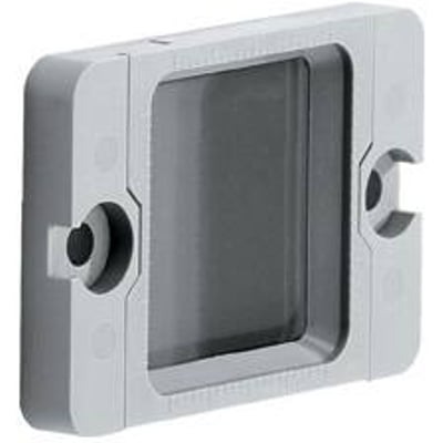 Omron E39-R12 reflektor med 23x23mm effektivt areal og monteringshuller på grå baggrund.