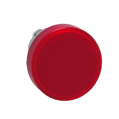 Nærbillede af Schneider Electric røde lampehoved til 22mm trykknap med LED, set direkte forfra på hvid baggrund.