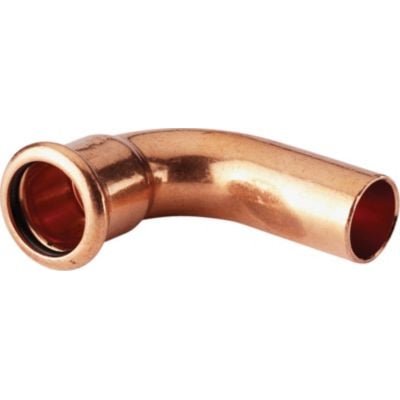 Sanha 90° kobber Cu press bøjning med muffe, 28 mm diameter, fremstillet af skinnende kobber.
