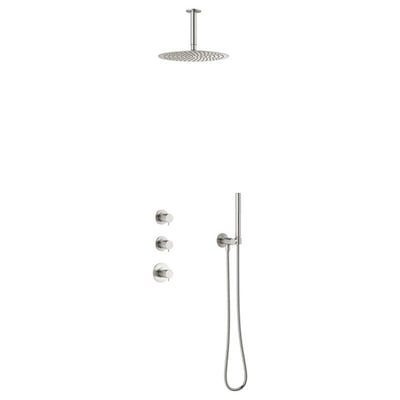 Damixa Iris komplet indbygnings termostatbatteri i stål med rund loftbruser og stick håndbruser.