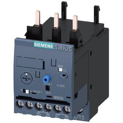 Siemens SIRIUS 3RB30 overbelastningsrelæ i grå plast med skrueterminaler og justeringshjul til 1-4A motorbeskyttelse.