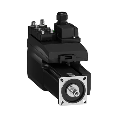 Schneider Electric Lexium BMI 3-faset servomotor med IP54-beskyttelse og 32768 p/t opløsning på hvid baggrund.