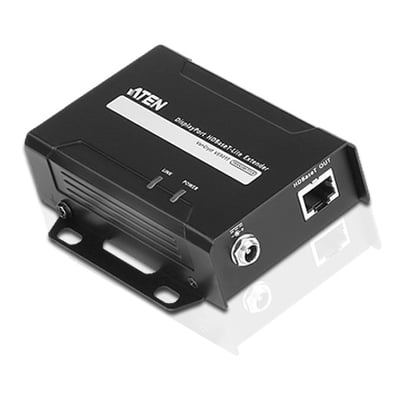 ATEN VE901T DisplayPort HDBaseT-Lite-sender i sort, set skråt forfra med monteringsflige og tilslutninger.