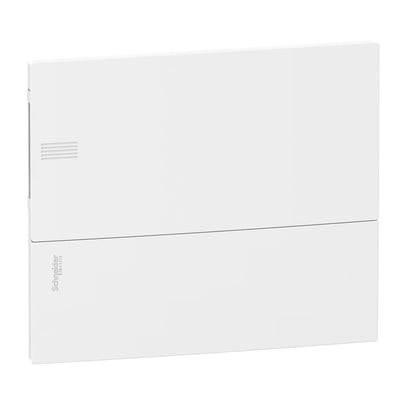Detalje af Schneider Electric MiniPragma afdækningens sideprofil, viser den planforsænkede installation og dimensioner i hvid.