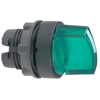 Detaljeret billede af Schneider Electric Harmony drejegreb i grøn plast med indbygget LED og monteringsmekanisme.