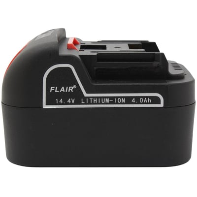 Flair 14,4 V 4Ah lithium-ion batteri til bindemaskine FL-40RT, vist med sort plastikhus og detaljeret mærkning.