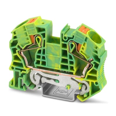 Detaljeret billede af Phoenix Contact jordklemme PT 16 N-PE, 16mm², grøn/gul, med fokus på push-in mekanismen og monteringsskinne.