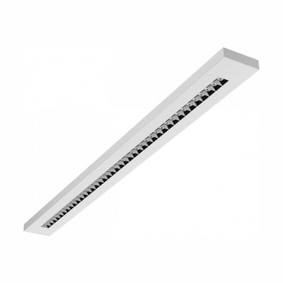 SpectrumLED Plank kontorarmatur i hvid, 1,2 meter og 40 W, set skråt med den lange række af optikker.