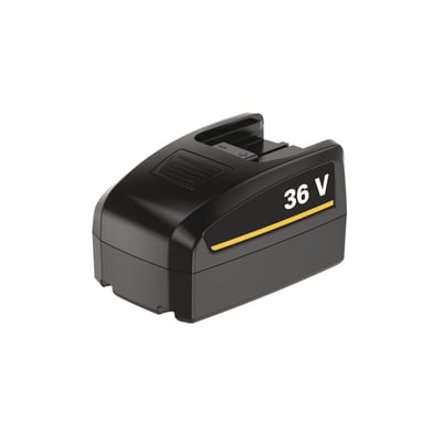 Atlas 36 V-batteri i sort, robust hus med gul markering og synlige kontakter øverst.