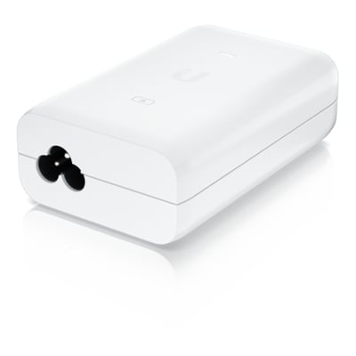 Ubiquiti PoE+ Adapter, 30W i hvid. Bagsiden af enhederne viser stik til strømkabel og en Gigabit LAN port.