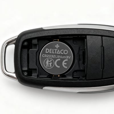 Deltaco CR2032 lithiumbatteri på 3 V og 240 mAh sidder i batterirummet på en sort fjernbetjening.