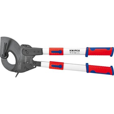 Knipex kabelsaks med skraldeprincip og teleskopskaft i fuld længde med røde og blå håndtag på hvid baggrund.