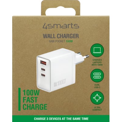 Emballagen til 4smarts Wall Charger GaN Pocket viser den hvide 100 W vægoplader med tre porte.