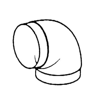Skematisk tegning af 90 graders bøjning til ventilation med 100 mm diameter, illustrerer formen.