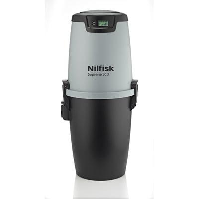 Nilfisk Supreme LCD centralstøvsuger i sort og grå, med et synligt LCD-display på toppen.