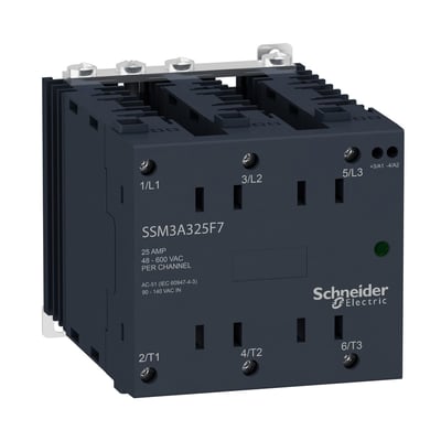 Schneider Electric Zelio SSM solid state-relæ, 3-faset og 25 A til 600 VAC, vist skråt forfra med tilslutninger og køleribber.