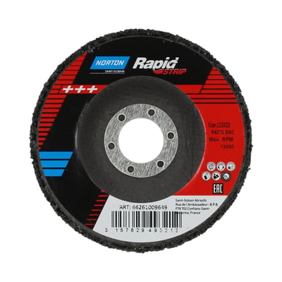 Norton Rapid Strip afrensningsrondel i sort non-woven med forsænket centerhul, vist forfra; diameter 114,3 mm.