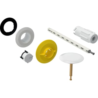 Geberit servicesæt til trykbetjent afløbsgarniture i blankforkromet finish, indeholdende diverse dele og installationsværktøj.