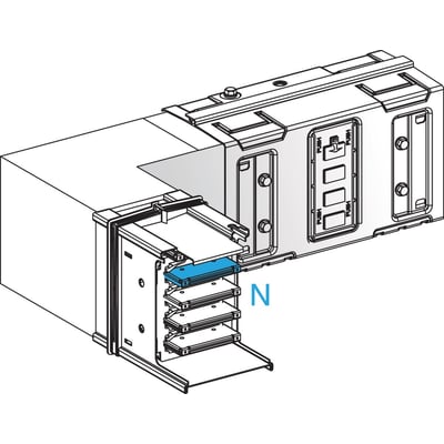 Schneider Electric Canalis vinkel 630A flad, 2x0,29 meter, med fokus på den blå indsats og monteringsdetaljer i et teknisk diagram.