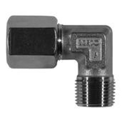 Syrefast vinkel union med nippel, 10 mm x 1/4", fremstillet af rustfrit stål med udvendigt gevind og kobling.