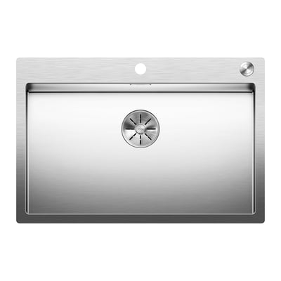 Oversigtsbillede af Blanco Claron 700-IF/A MXI køkkenvask, 760x510 mm, i rustfrit stål, vist på hvid baggrund med præcise mål vist.