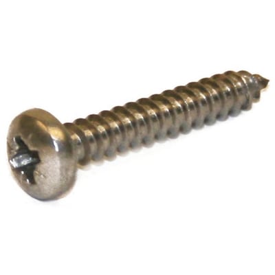 Rustfri A2 pladeskrue med panhoved og Pozidrive kærv, 4,2x38 mm, vist isoleret på hvid baggrund.