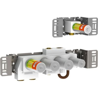 Vola indbygningstermostat med hvidt kabinet, synlig omskifter med farvekoder og 3/4" tilslutning til PEX-rør.