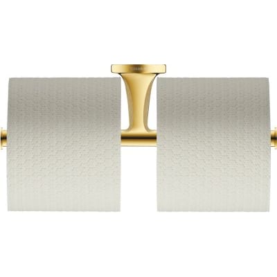 Duravit Starck T dobbelt papirholder i poleret guld, vist med to ruller toiletpapir monteret, der fremhæver funktionaliteten.