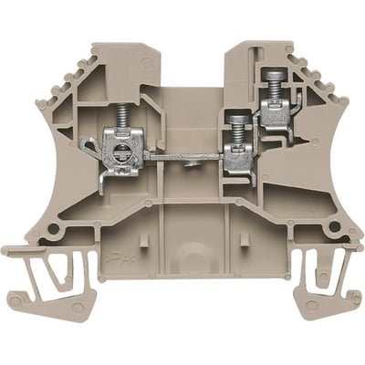 Weidmüller gennemgangsklemme WDU 2,5/1,5 ZR i beige, vist med tværsnit, der viser skrueklemmer og forbindelsesbro.