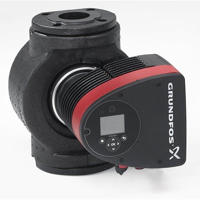 Grundfos MAGNA3 pumpe 65-100 F i sort støbejern med rød kant på kontrolboksen, viser den flade side af pumpehuset.