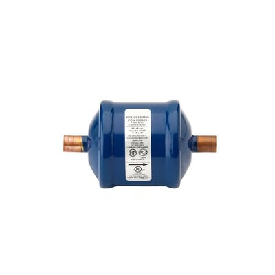 ADK tørrefilter, model 053S med 3/8-tommers loddetilslutning, blå cylindrisk beholder og kobberrør i begge ender.