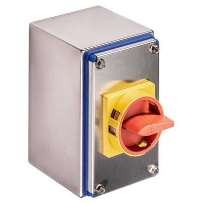 Kraus & Naimer KG2 sikkerhedsafbryder i rustfri stål kapsling med rød/gul betjeningsgreb, vist på hvid baggrund.