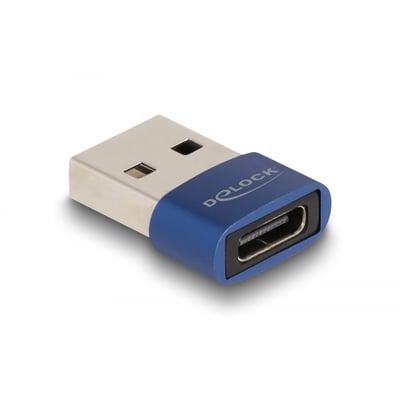 DeLock USB 2.0 adapter, blå, med USB Type-A hanstik og USB Type-C hunport til udvidelse af tilslutningsmuligheder.