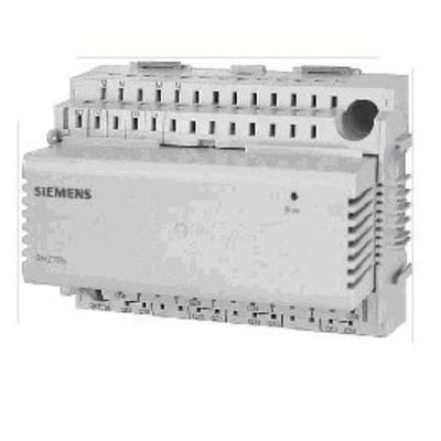 Siemens RMZ787 universal modul med 4 UI og 4 DO, set fra siden med fokus på tilslutningsklemmer og din-skinne montering.