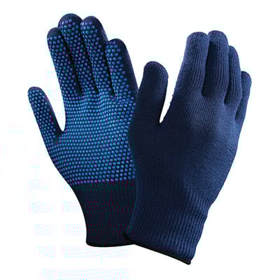 Mørkeblå arbejdshandsker, model 78-203 fra Versa T i str. 9, med blå gummidutter på håndfladen for øget greb.