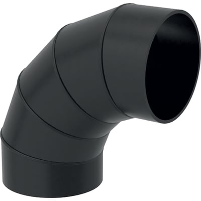 Geberit 315 mm x 90° sort PEH bøjning med stor radius, viser produktets ydre dimensioner og glatte overflade.